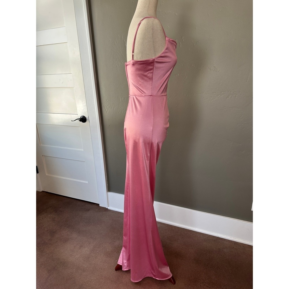 New B.Darlin Formal Gown Sz 5/6 Pink Satin Cowl Neck Ruched Slit Floor Length - Picture 12 of 14